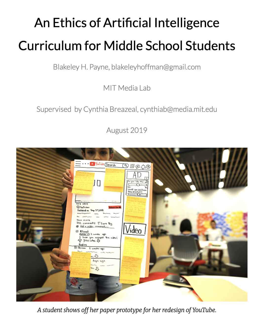 Cover page of the MIT Media Lab paper 'An Ethics of Artificial Intelligence Curriculum for Middle School Students', showing a student holding up her paper prototype for a redesign of YouTube