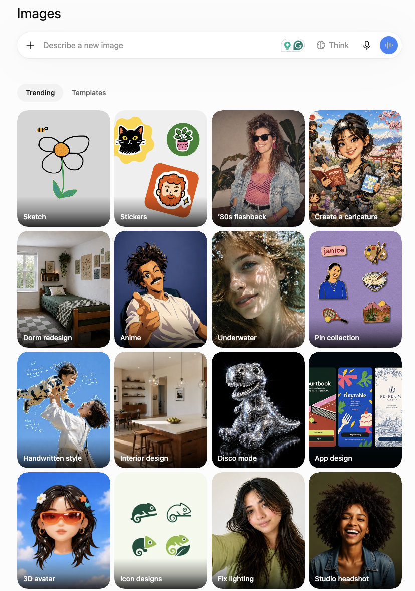 An AI image generator's gallery of trending prompt templates, including sketches, stickers, caricatures, and generated portraits of people