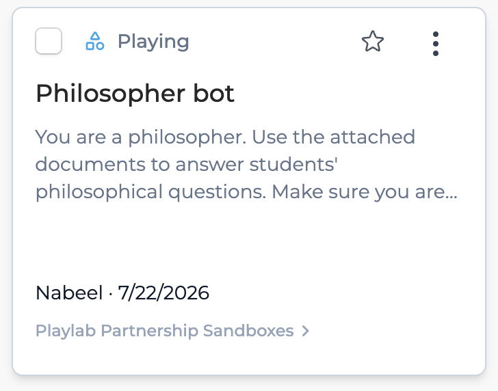 A Playlab chatbot card titled 'Philosopher bot', with the system prompt instructing it to answer students' philosophical questions using attached documents