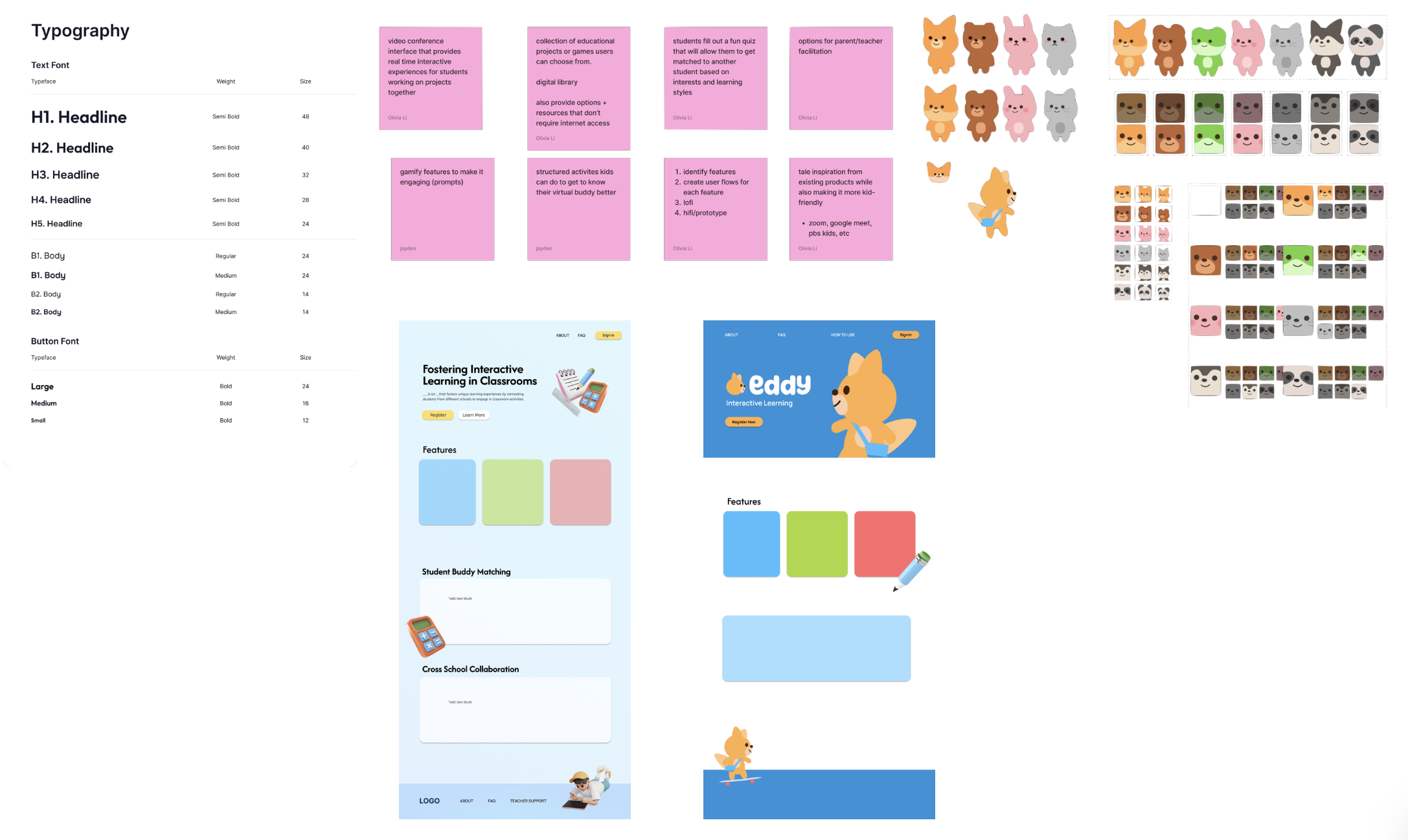 Eddy mood board: typography scale, mascot exploration across seven animals, color palette, and early homepage mockups