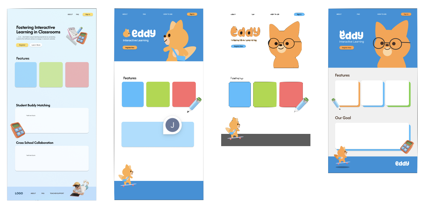 Low-fidelity homepage wireframes iterating on the Eddy landing page and feature layout