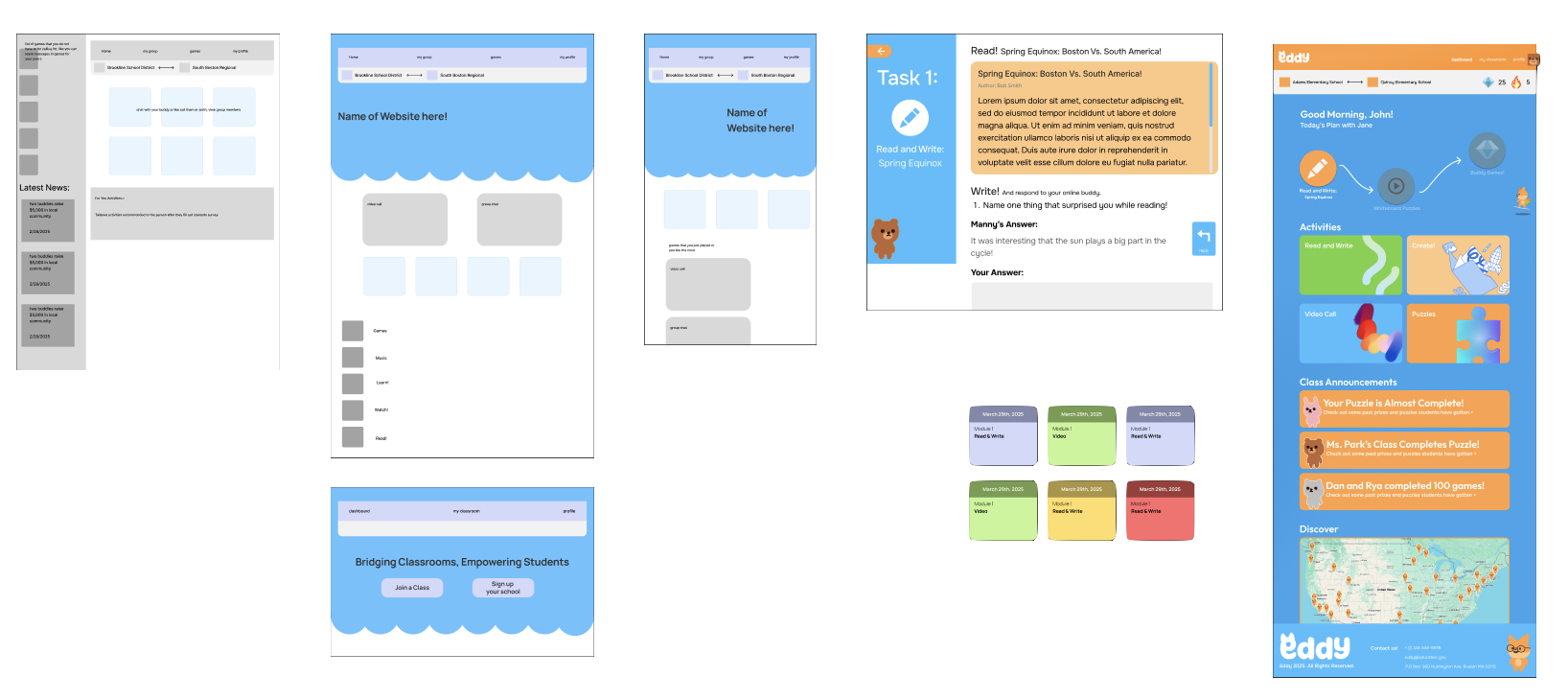 Low-fidelity wireframes for the student dashboard, activity task view, and class roadmap